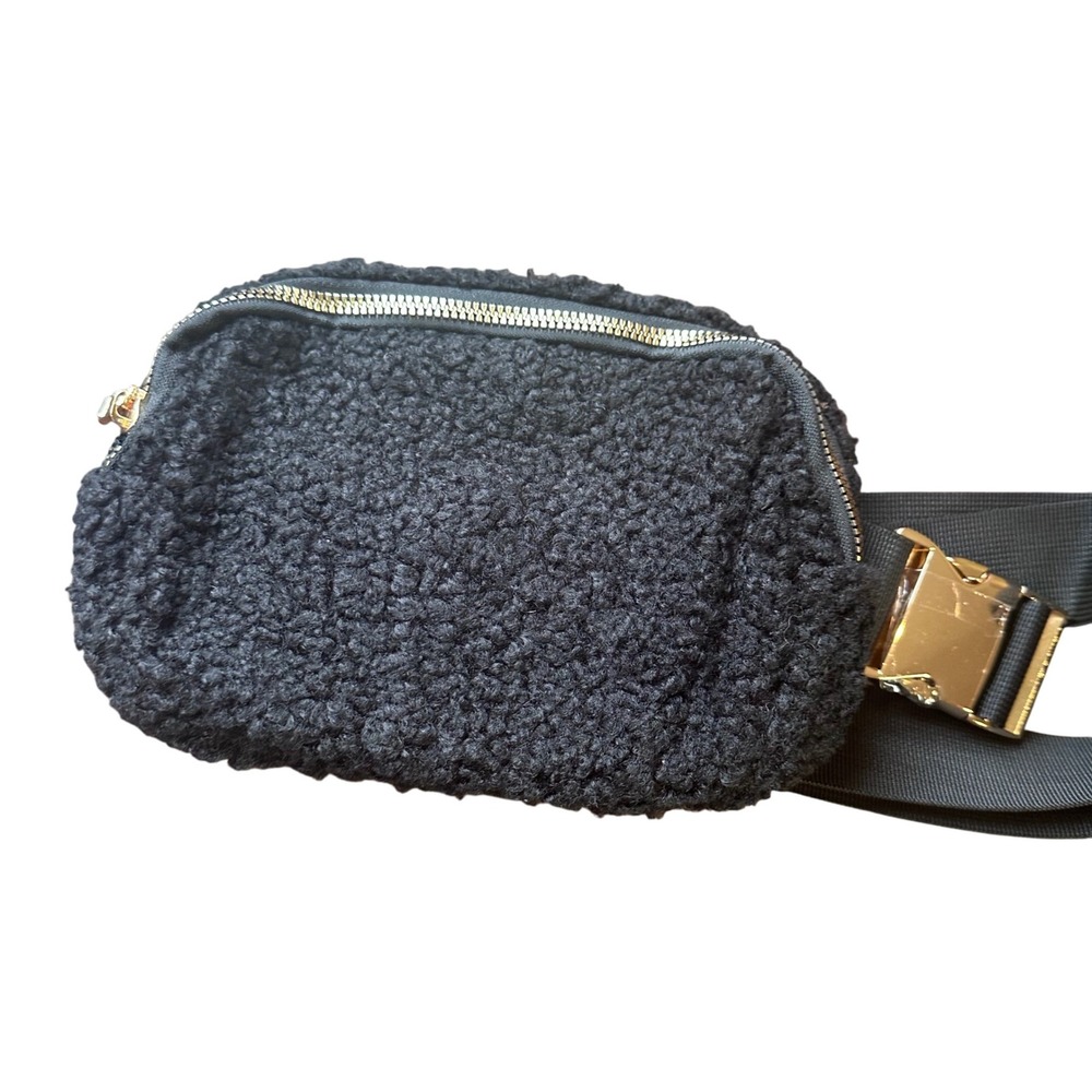 NEW Boutique Sherpa Teddy Fanny Pack Black Crossbody‎ Bag Zip Closure